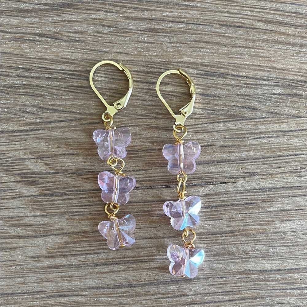 HAND CRAFTED PINK CRYSTAL BUTTERFLY EARRINGS - Picture 6 of 12